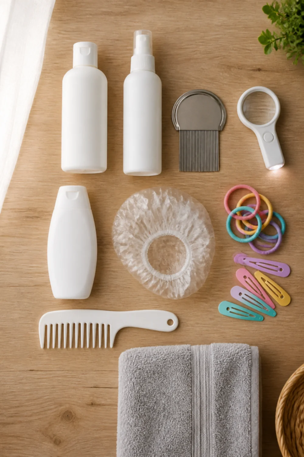 Imagen generada con IA del kit antipiojos: objetos de la lista colocados sobre una mesa
