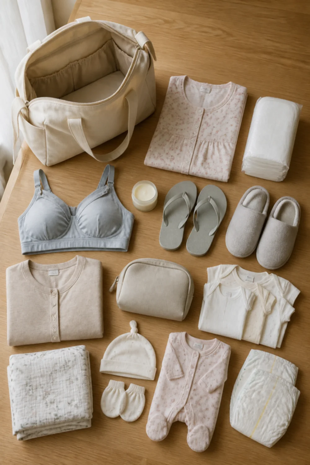 Imagen generada con IA del kit bolsa del hospital para el parto: objetos de la lista colocados sobre una mesa