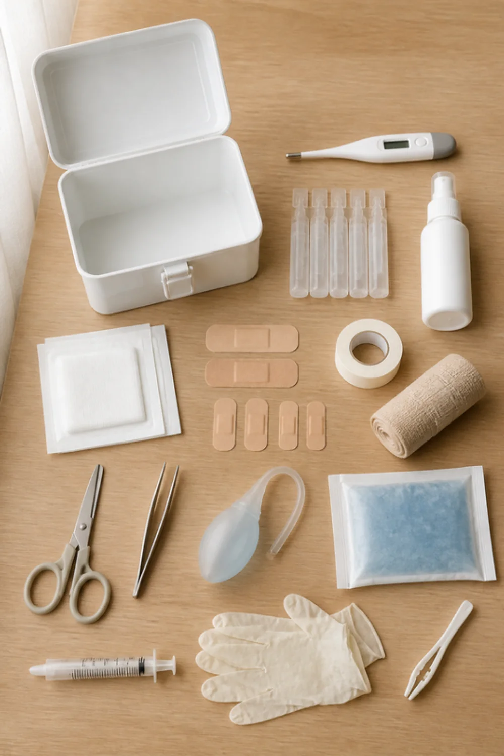 Imagen generada con IA del kit botiquín infantil para casa: objetos de la lista colocados sobre una mesa