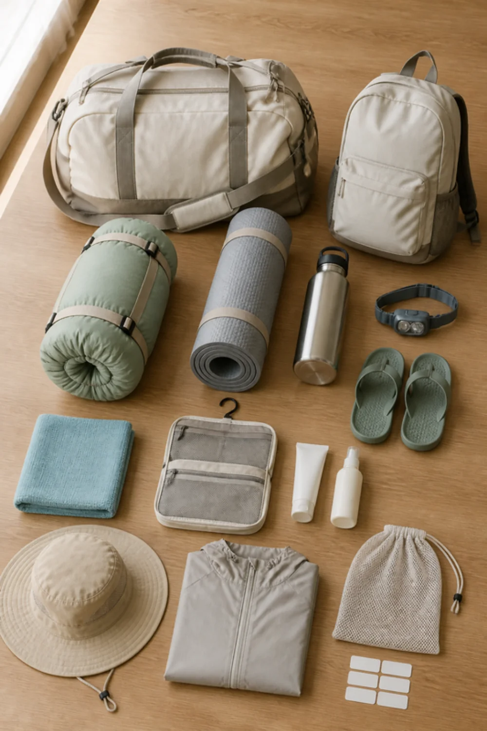 Imagen generada con IA del kit campamento de verano: objetos de la lista colocados sobre una mesa