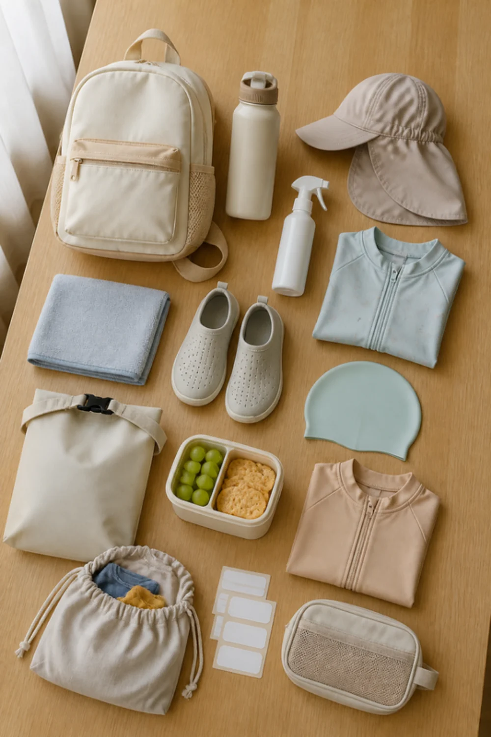 Imagen generada con IA del kit campamento urbano: objetos de la lista colocados sobre una mesa