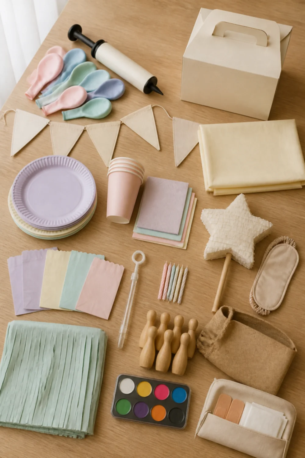Imagen generada con IA del kit cumpleaños infantil en casa y en el parque: objetos de la lista colocados sobre una mesa