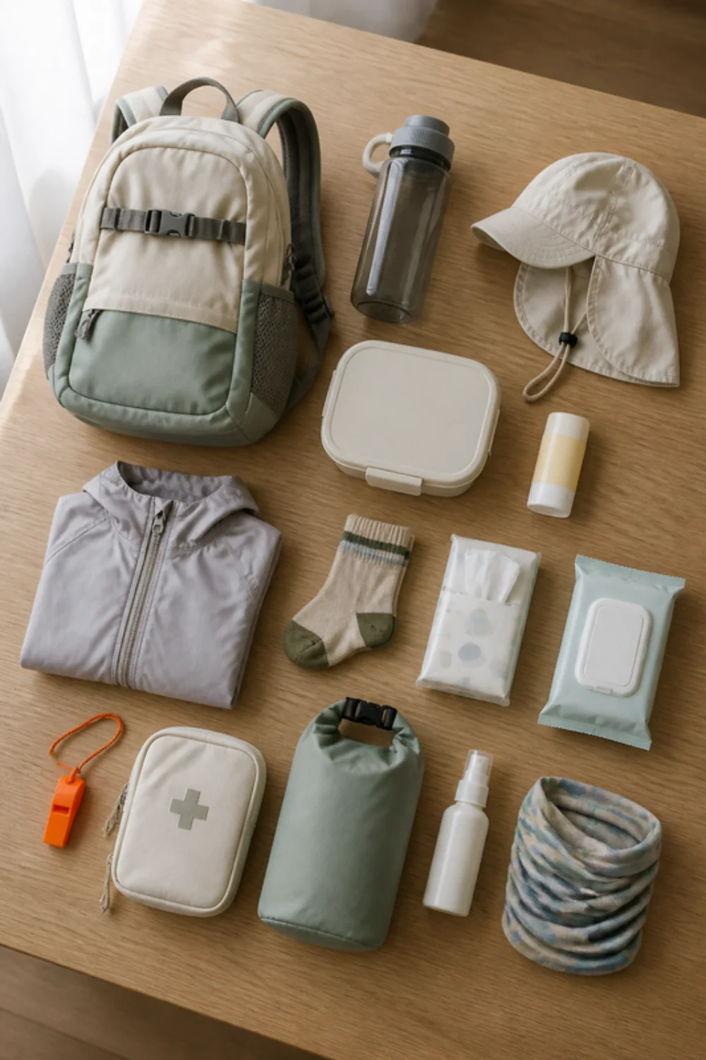 Imagen generada con IA del kit excursión del cole y senderismo infantil: objetos de la lista colocados sobre una mesa