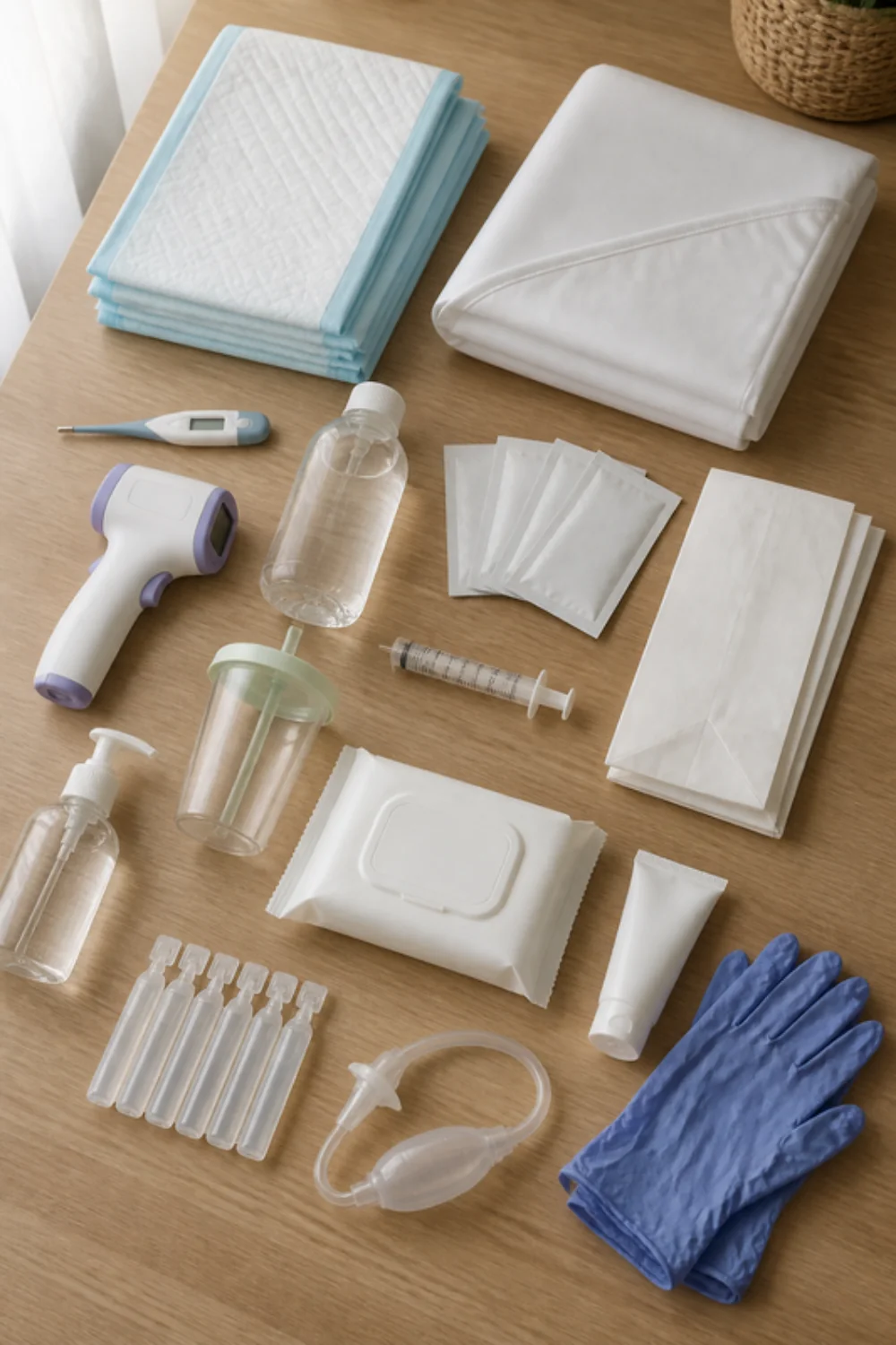 Imagen generada con IA del kit fiebre y gastroenteritis en casa: objetos de la lista colocados sobre una mesa