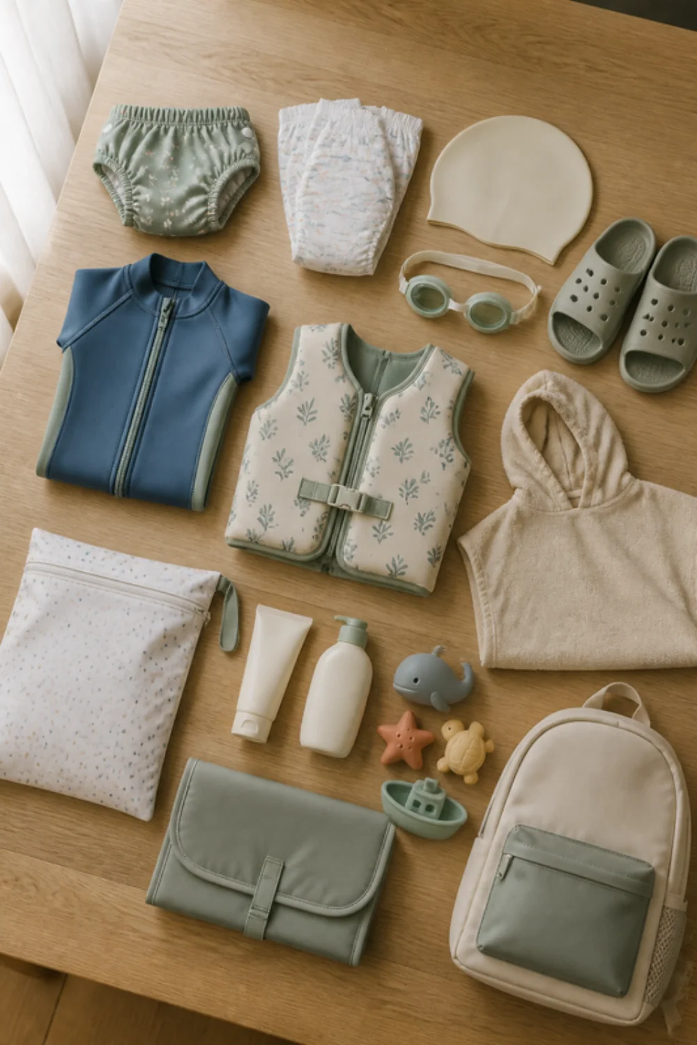 Imagen generada con IA del kit piscina y natación con bebé y niños: objetos de la lista colocados sobre una mesa
