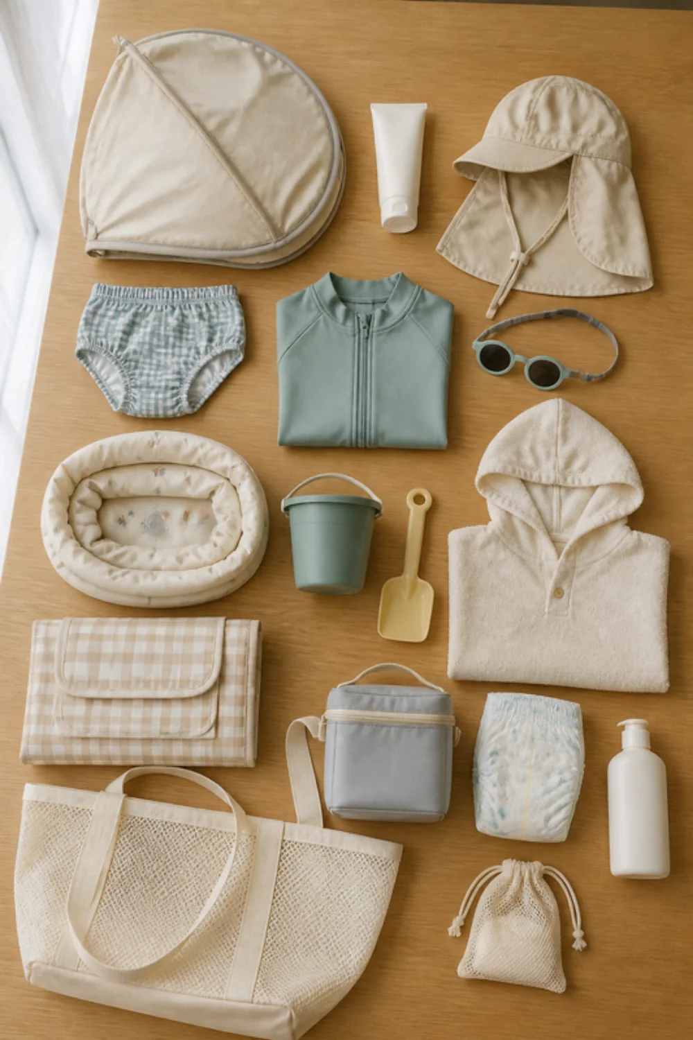 Imagen generada con IA del kit playa con bebé y niños pequeños: objetos de la lista colocados sobre una mesa