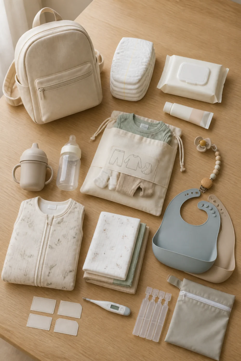 Imagen generada con IA del kit primer día de guardería (0-2 años): objetos de la lista colocados sobre una mesa