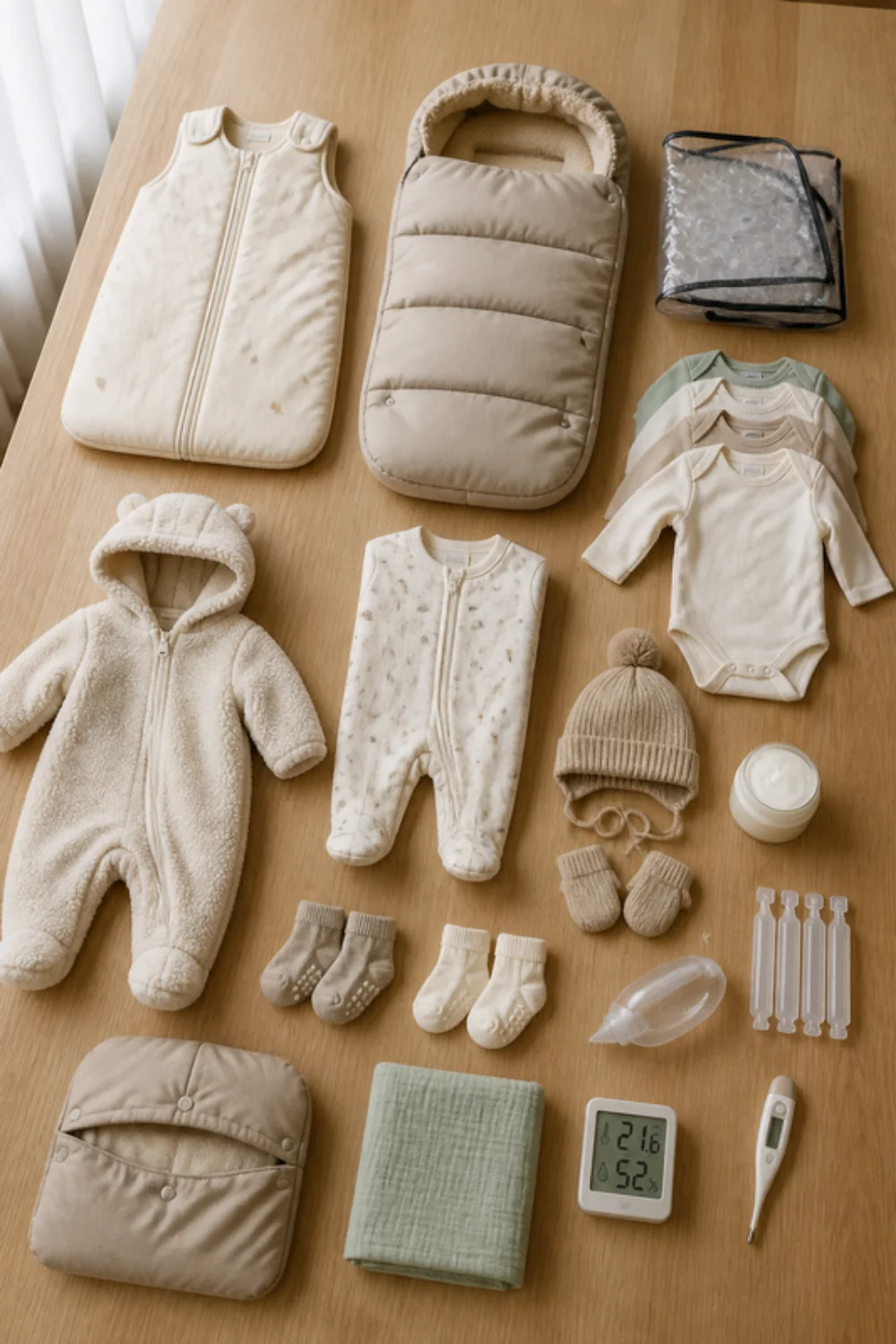Imagen generada con IA del kit primer invierno del bebé: objetos de la lista colocados sobre una mesa