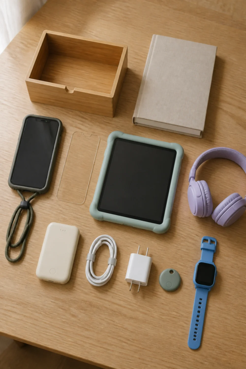 Imagen generada con IA del kit primer móvil o tablet para niños: objetos de la lista colocados sobre una mesa