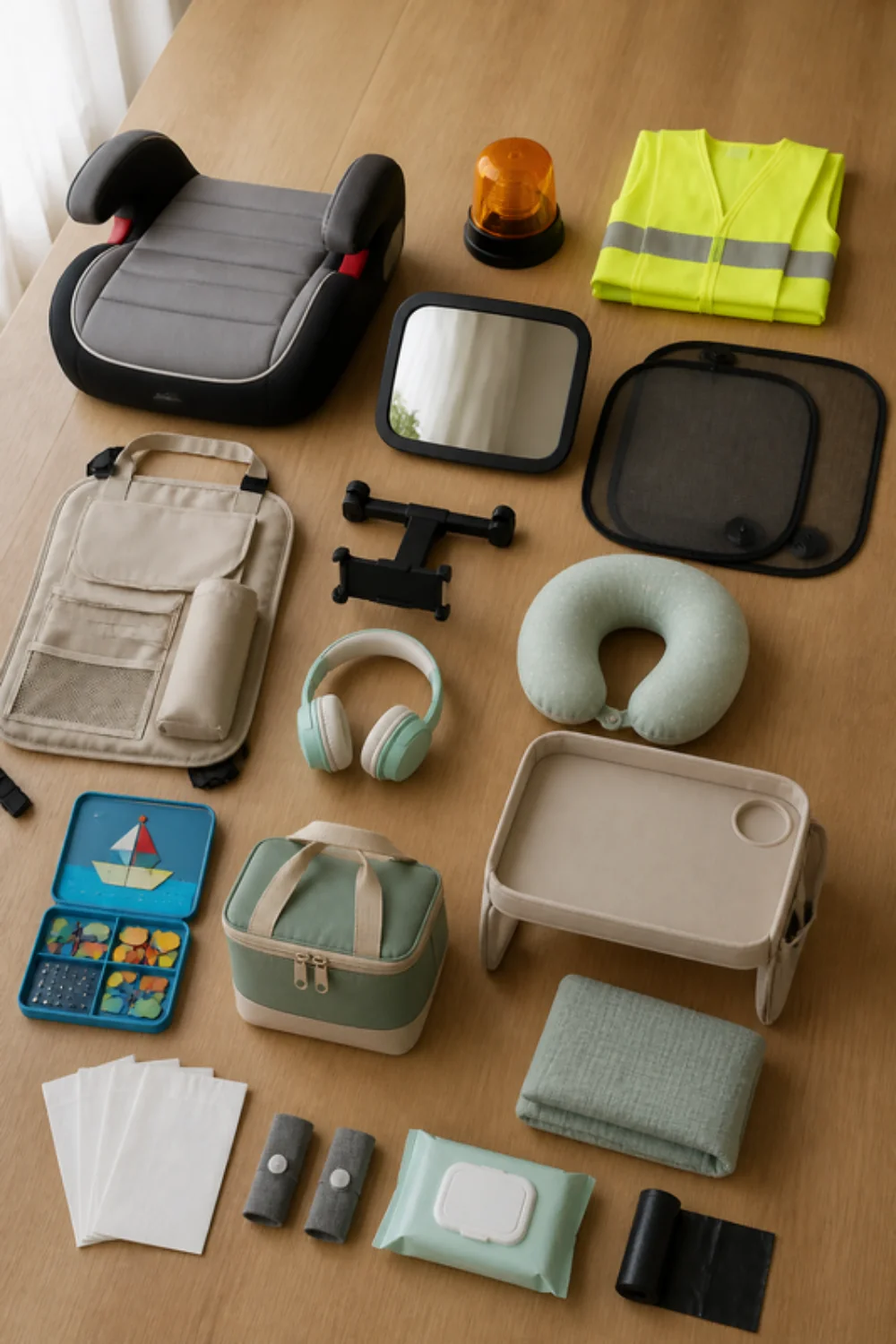 Imagen generada con IA del kit viaje largo en coche con niños: objetos de la lista colocados sobre una mesa