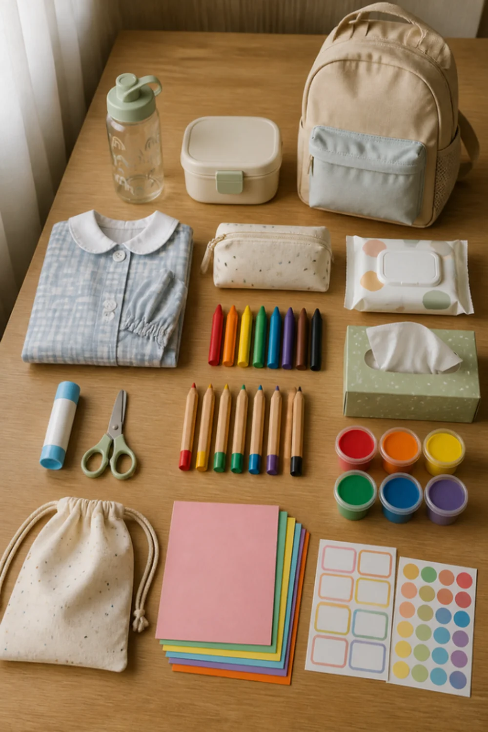 Imagen generada con IA del kit vuelta al cole infantil (3-5 años): objetos de la lista colocados sobre una mesa