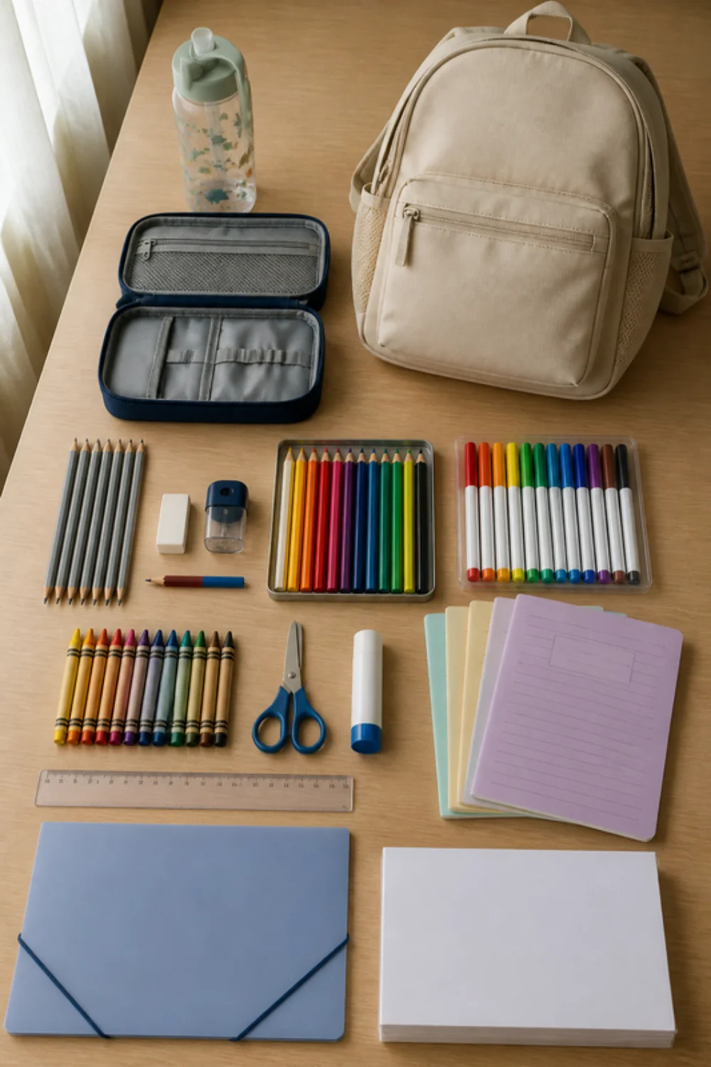 Imagen generada con IA del kit vuelta al cole 1.º y 2.º de primaria: objetos de la lista colocados sobre una mesa